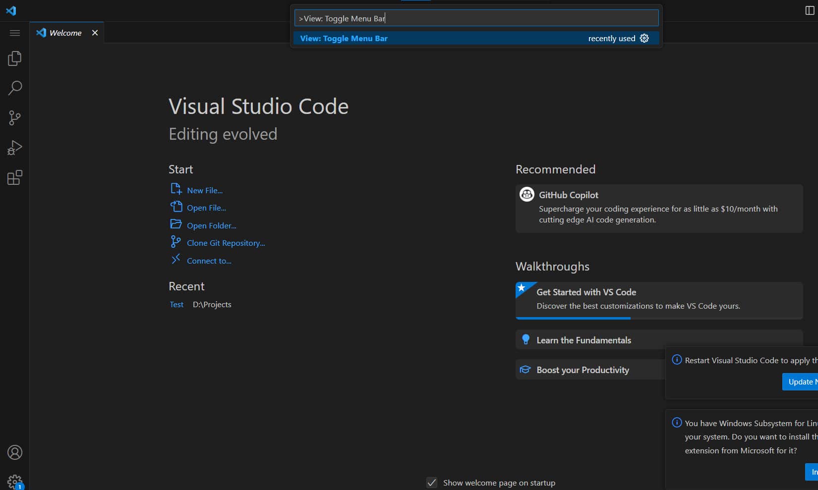 How to restore the menu bar in visual studio code